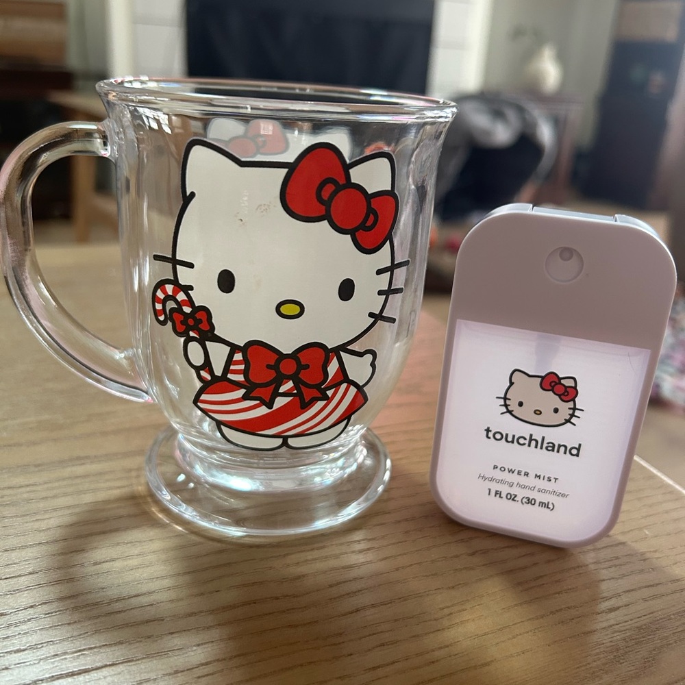 Hello Kitty Glass Mug with Red Bow and Touchland Sanitizer